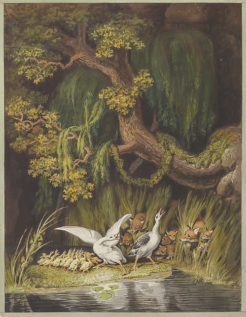 A Goose and a Gander with their Goslings Honking in Alarm as Two Foxes with their Cubs Emerge from the Rushes, by Johann Heinrich Wilhelm Tischbein