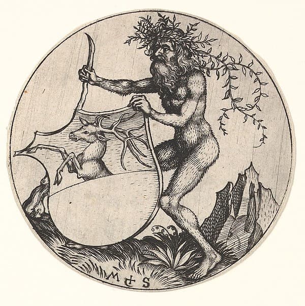 Shield with Stag Held by Wild Man, by Martin Schongauer