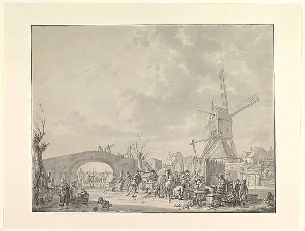 Winter Landscape with Skaters and Sledges on the Ice, a Bridge and a Mill behind, by Abraham van Strij