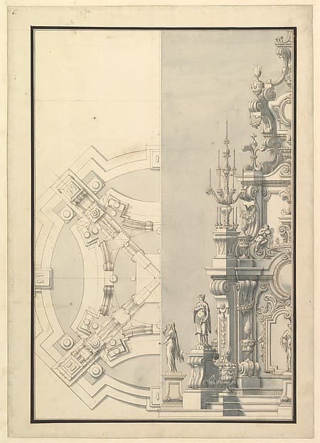 Half Ground Plan and Half Elevation for a Catafalque for Duke Francesco of Parma (1694–1727), by Giuseppe Galli Bibiena