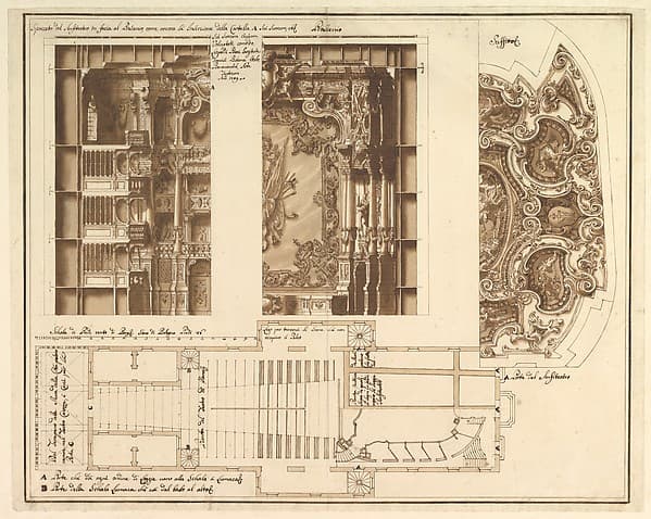 Designs for the Theater at Nancy: View of Half the Proscenium and a Half a Section of It; End of the Ceiling; and Ground Plan, by Francesco Galli Bibiena