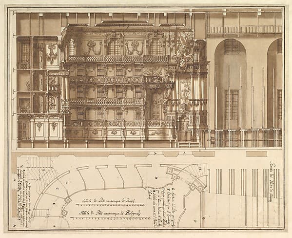 Designs for the Theater at Nancy: Longitudinal Section and Half Ground Plan, by Francesco Galli Bibiena