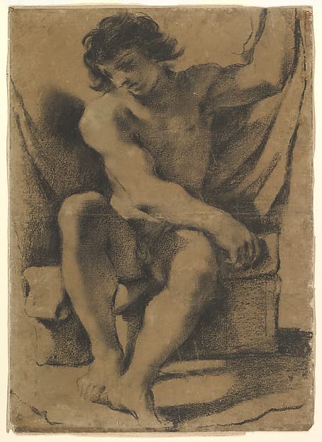 Seated Nude Young Man in Nearly Frontal View, by Guercino (Giovanni Francesco Barbieri)