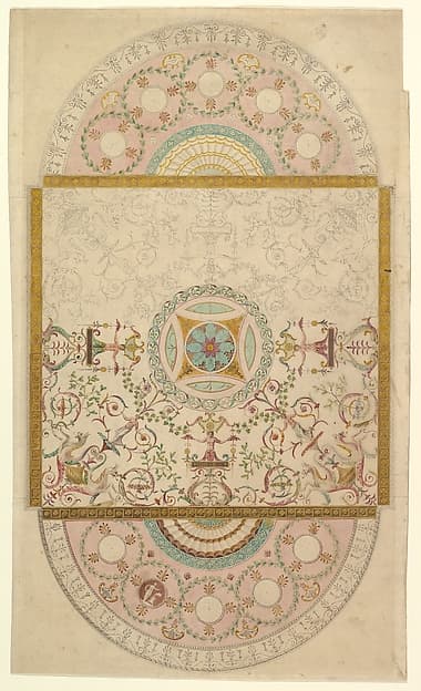 Design for a Ceiling with Square Central Compartment and Semicircular Ends, the Ornament of Foliage and Grotesque Motifs, by Anonymous, British, late 18th century