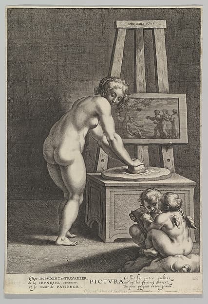 Pictura: allegory of painting, with a nude woman at center grinding pigments, two putti drawing at lower right, by Cornelis Galle I
