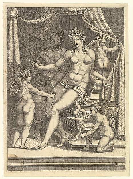 Venus and Vulcan Seated on a Bed and Three Putti, by Giorgio Ghisi