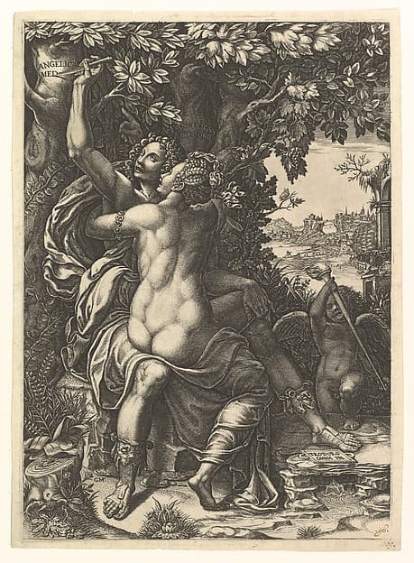 Angelica and Medoro; the couple embracing, Medoro carving their names in the bark of a tree; Cupid holding a torch in the background, by Giorgio Ghisi