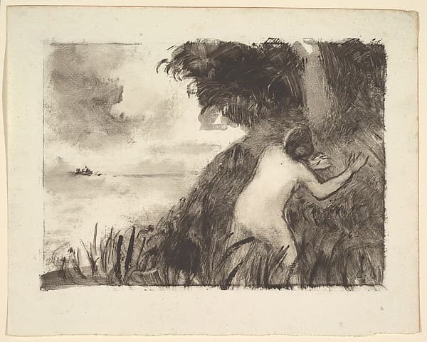 Bather Standing Among Grasses at the Shore, by Camille Pissarro