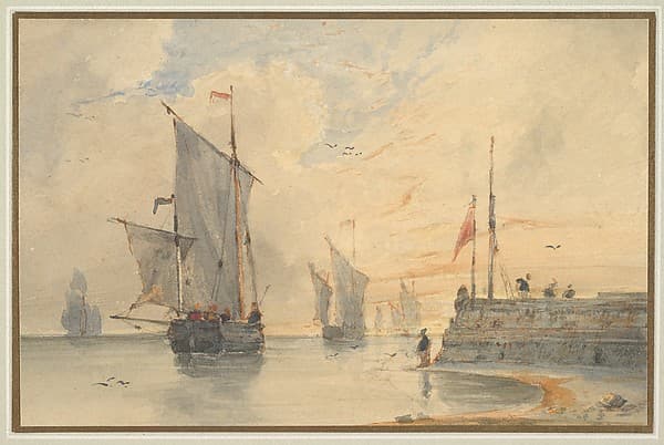Fishing Luggers (Chasse-marée) Making Sail, Off Calais, by Louis François Thomas Francia