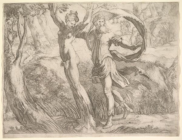 Wilton Album, folio 10a: Priapus and Lotis, by Anonymous, Italian, 16th century