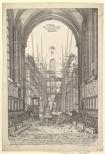 View of the Church of the Franciscans in Nuremberg under Reconstruction, from the series Views of Nuremberg, by Johann Ulrich Kraus