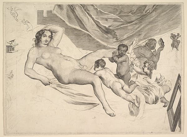 Allegorical Subject: Nude Woman, Three Children and a Mousetrap (La Sourcière), by Claude Mellan