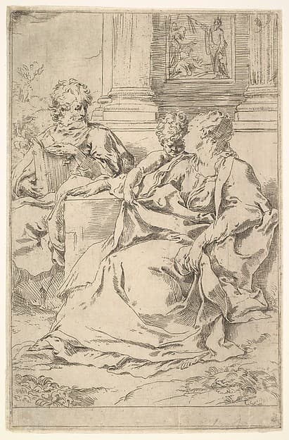 The Holy Family with Scriptural Scene in Background, by Guido Reni