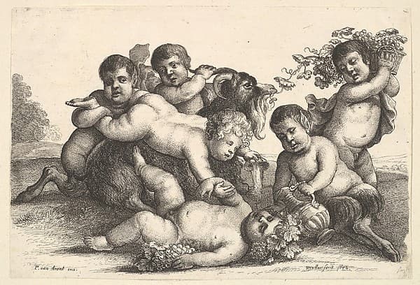 Four boys, two satyrs and a goat, by Wenceslaus Hollar