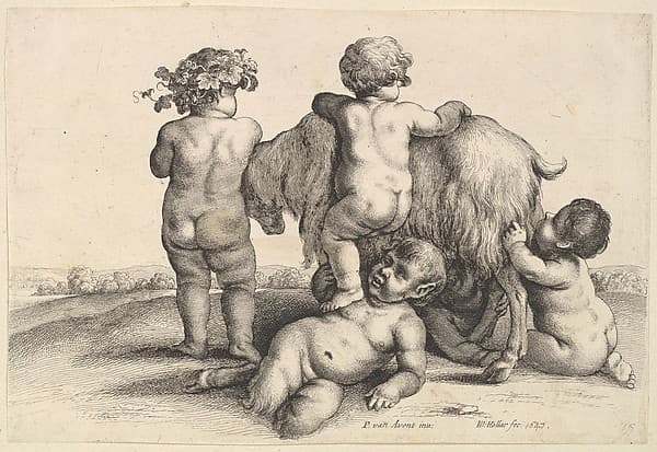 Four boys, a young satyr and a goat, by Wenceslaus Hollar