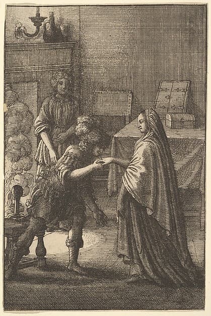 The soldier kissing the woman's hand (from John Ogilby, "Aesopics or a Second Colllection of Fables," 1668), by Wenceslaus Hollar