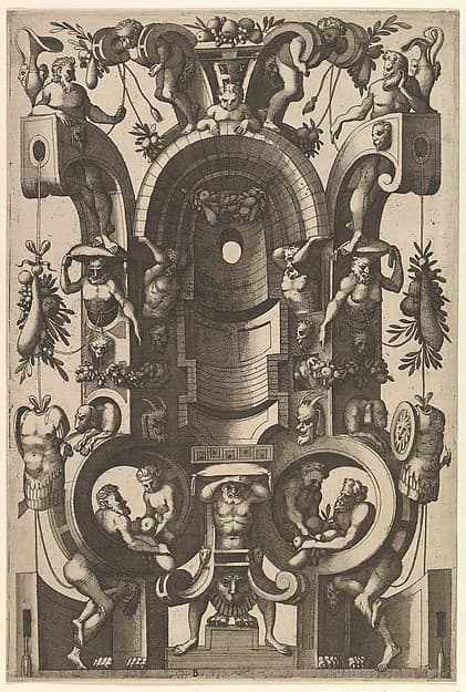 Niche in the Form of a Cartouche from Veelderleij Veranderinghe van grotissen ende Compertimenten...Libro Primo, by Johannes van Doetecum I