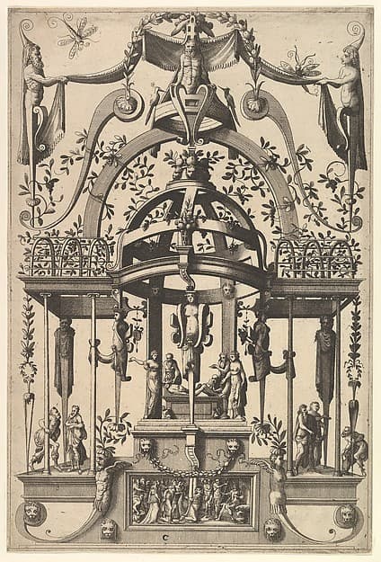 Surface Decoration, Grotesque with Strapwork, Burial Scene in the Tempietto, in the Bas Relief Esther before Ahasuerus from Veelderleij Veranderinghe van grotissen ende Compertimenten...Libro Primo, by Cornelis Floris II