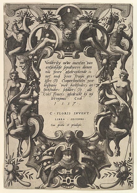 Title Plate from Veelderleij niewe inventien van antijckesche sepultueren diemen nou zeere ghebruijkende is met noch zeer fraeije grotissen en compertimenten zeer beqwame voer beeltsniders antijcksniders schilders en all constenaers...Libro Secundo, by Johannes van Doetecum I