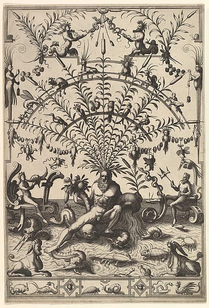 Modern Grotesque Decoration with a River God, by Johannes van Doetecum I