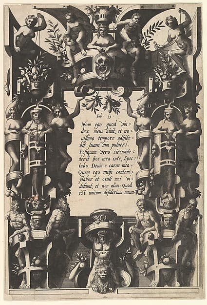 Cartouche from Veelderleij niewe inventien van antijckesche sepultueren diemen nou zeere ghebruijkende is met noch zeer fraeije grotissen en compertimenten zeer beqwame voer beeltsniders antijcksniders schilders en all constenaers...Libro Secundo, by Johannes van Doetecum I
