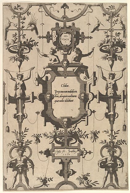 Surface Decoration, Grotesque with Strapwork, Including Three Cartouches from series of Surface Decorations, Grotesques with Strapwork with Maxims by Six Wise Men of Greece, by Johannes van Doetecum I