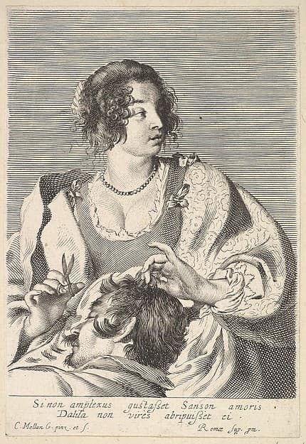 Delilah preparing to cut Samson's hair with scissors in her right hand, below her chest are the head and shoulders of the sleeping Samson, by Claude Mellan