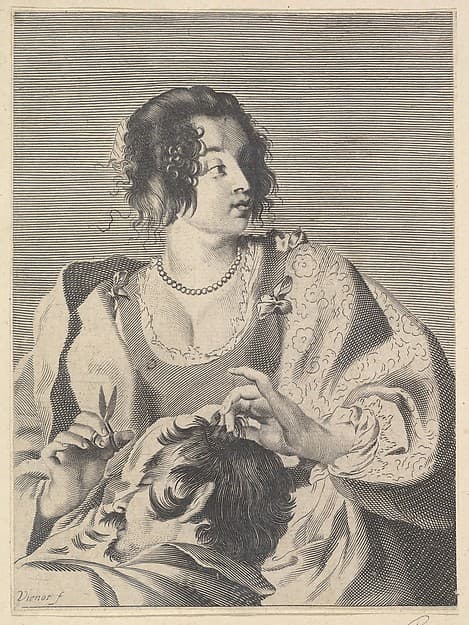 Delilah preparing to cut Samson's hair with scissors in her right hand, below her chest are the head and shoulders of the sleeping Samson, by Nicolas Viennot
