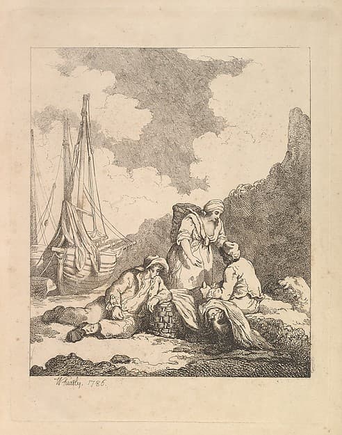Fishermen by the Shore – Coastal Scene with a Man Sitting on the Ground Resting an Elbow on a Fishing Basket, Another Man Opposite Mending a Sail, and a Woman Standing Between Them Carrying a Basket on Her Back, by Thomas Rowlandson
