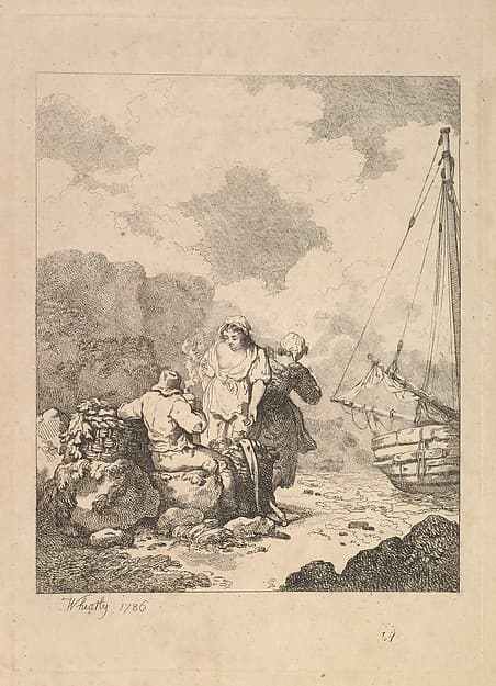 Fishermen by the Shore – Coastal Scene with a Man Sitting on Rocks and Smoking a Pipe, Next to a Standing Young Woman, with a Second Woman Behind, by Thomas Rowlandson