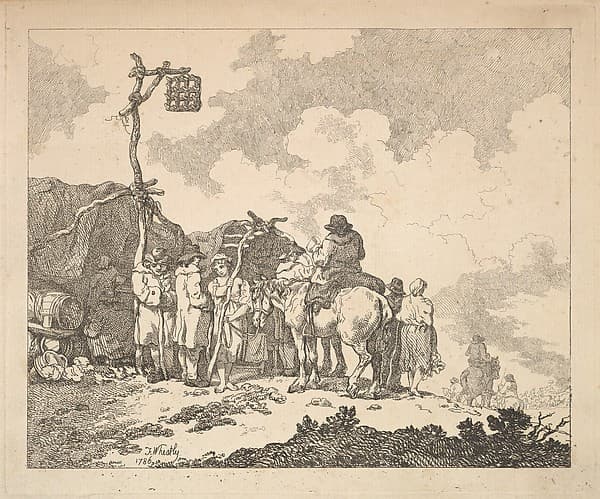 A Fair – A Group of Gypsies – Men and Women in Rustic Clothes in Front of Two Makeshift Tents, by Thomas Rowlandson