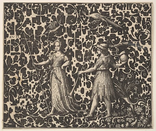 Ornament Print with Schweifwerk and Two (Allegorical?) Figures, by Esaias von Hulsen