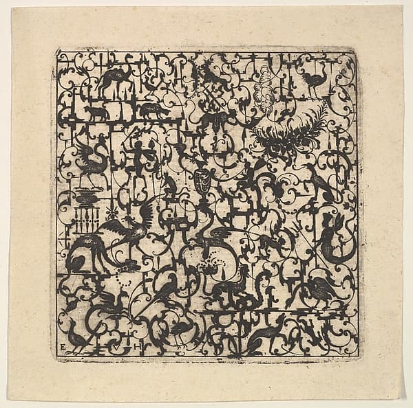 Square Blackwork Design in Silhouette Style with Schweifwerk and Grotesque Figures, by Esaias von Hulsen