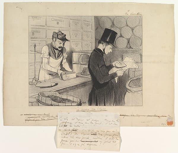 Newspapers at the Grocers (Les journaux chez l'épicier) from La Caricature, October 23, 1842, by Honoré Daumier