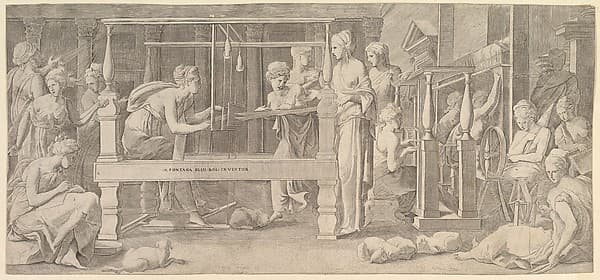 Women spinning, weaving and sewing, by Master FG