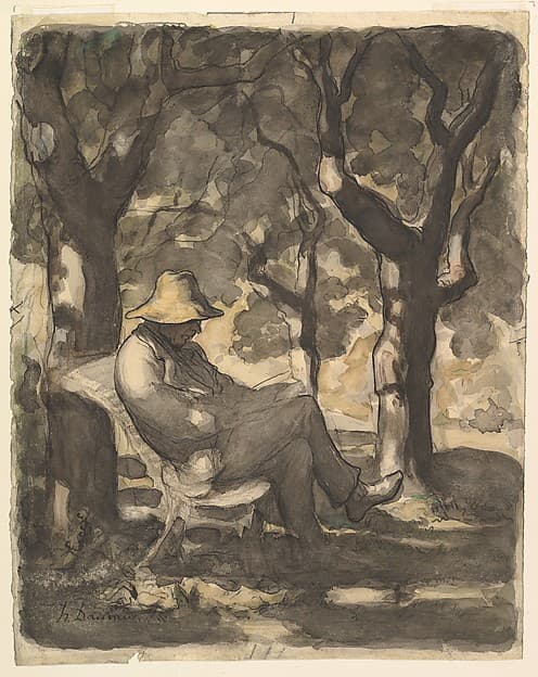 A Man Reading in a Garden (recto); Preliminary sketch for a Man Reading in a Garden (verso), by Honoré Daumier