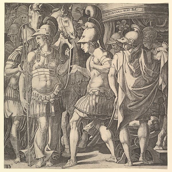 Alexander welcoming Thalestris and the Amazons, by Master FG