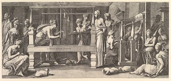 Women spinning, weaving and sewing, by Master FG