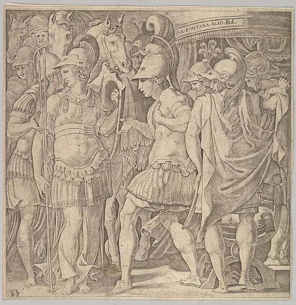Alexander welcoming Thalestris and the Amazons, by Master FG