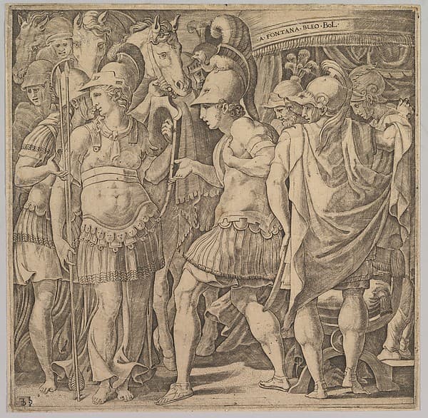 Alexander welcoming Thalestris and the Amazons, by Master FG