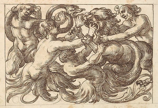 Horizontal Panel Design with Four Male Figures Fighting a Lion, by Anonymous, Italian, Venetian, 17th century