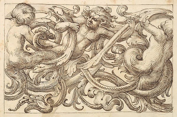 Horizontal Panel Design with Three Male Figures Interspersed between Acanthus Rinceaux, by Anonymous, Italian, Venetian, 17th century