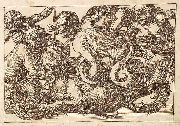 Horizontal Panel Design with Five Male Figures Fighting a Dragon, by Anonymous, Italian, Venetian, 17th century