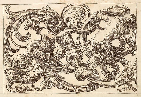 Horizontal Panel Design with Two Young Male Figures between Acanthus Rinceaux, by Anonymous, Italian, Venetian, 17th century