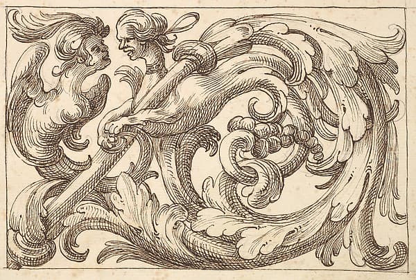 Horizontal Panel Design with Two Hybrid Creatures Interspersed between Acanthus Rinceaux, by Anonymous, Italian, Venetian, 17th century