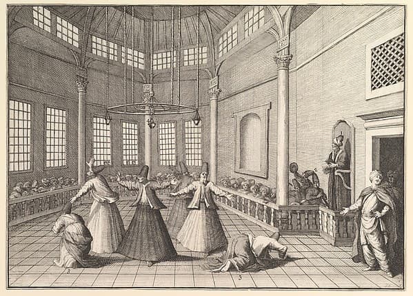 The Inside of a Mosque, the Dervishes Dancing (Aubry de La Mottraye's "Travels throughout Europe, Asia and into Part of Africa...," London, 1724, vol. I, pl. 16), by William Hogarth