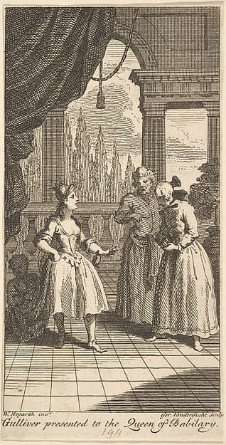 Gulliver Presented to the Queen of Babilary, Frontispiece to "The Travels of Mr. John Gulliver", by Gerard Vandergucht