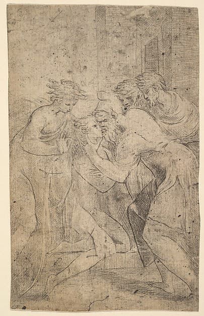 The return of the prodigal son who falls at his father's feet, by Andrea Schiavone (Andrea Meldola)