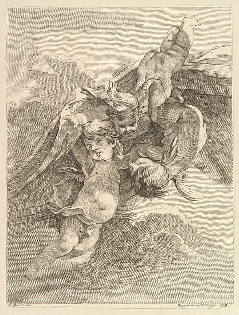 Trois Amours soutenant une draperie (Three Loves Holding a Drapery), from Premier Livre de Groupes d'Enfans (First Book of Groups of Children), by Pierre Alexandre Aveline