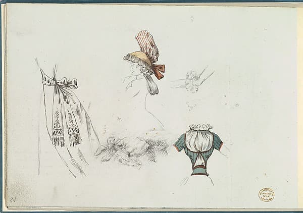 Costume Design Sketches including a Bouffant Skirt, Hat, and Bodice, by Anonymous, French, 18th century